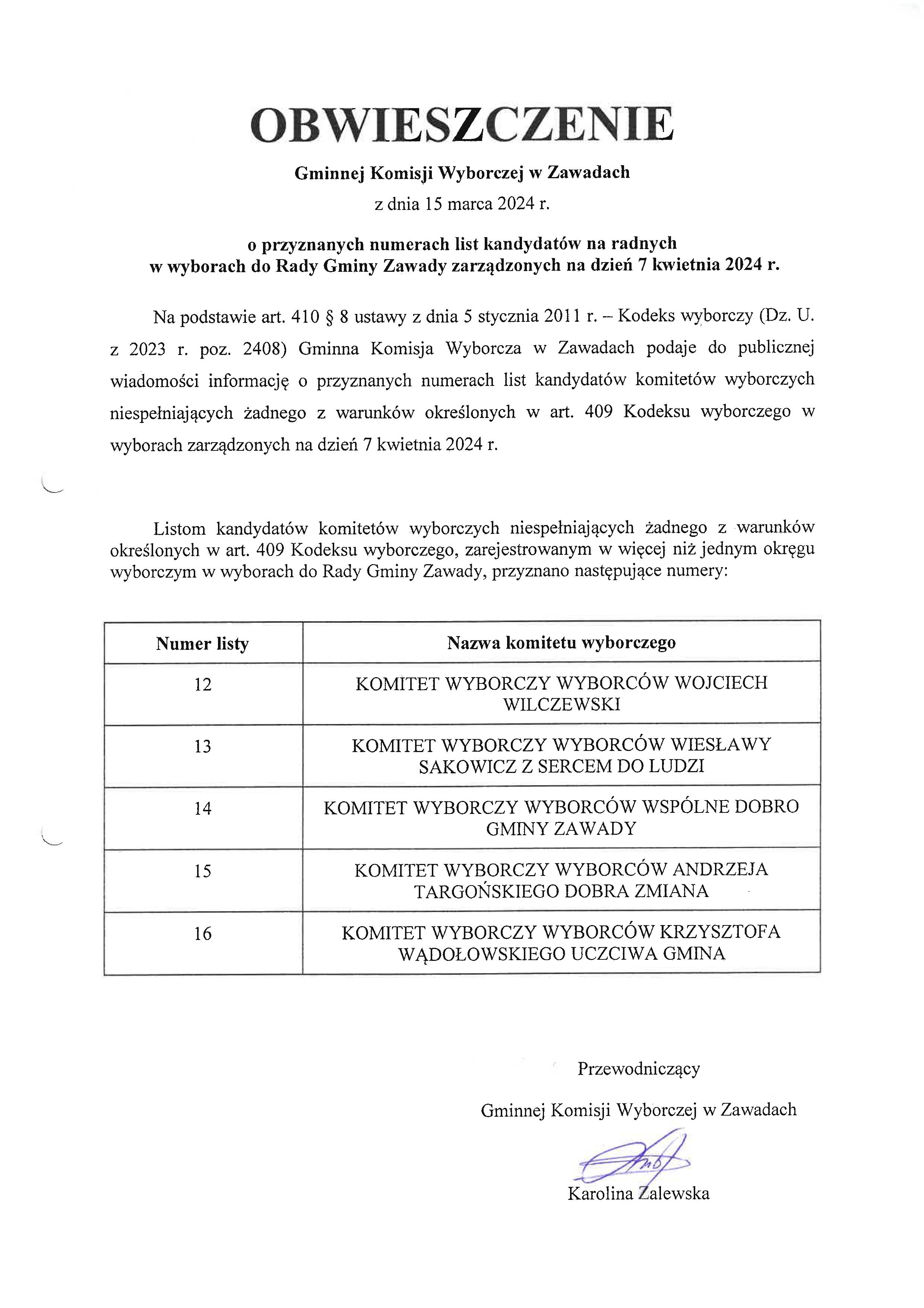 Obwieszczenie GKW w Zawadach o przyznanych numerach list kandydatów na radnych